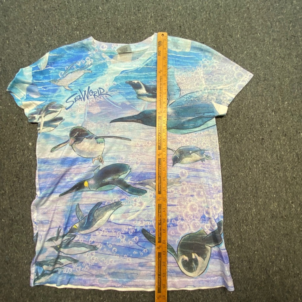 SeaWorld Penguin All Over Print TShirt Sz M Blue Purple Watercolor Graphic Tee - Picture 8 of 10